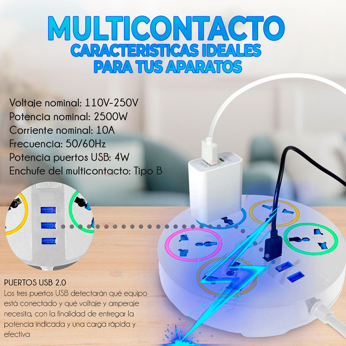 Multicontacto Circular Multiusos 3 Puertos Usb 5 Conexiones