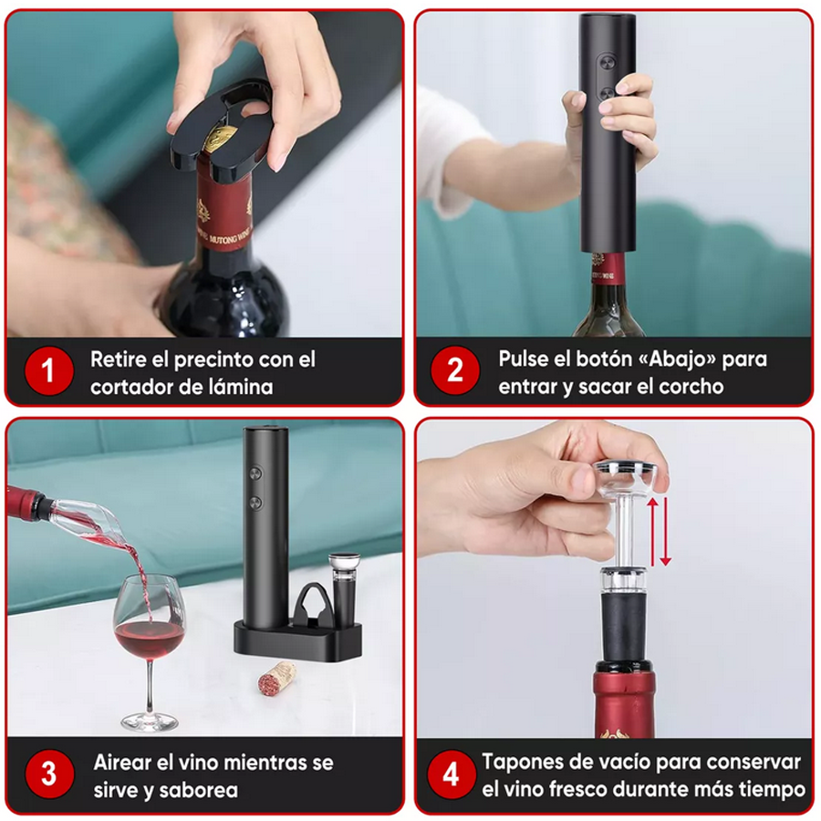 Sacacorchos De Vino Eléctrico 4 En 1 Con Base Kit Sacacorcho