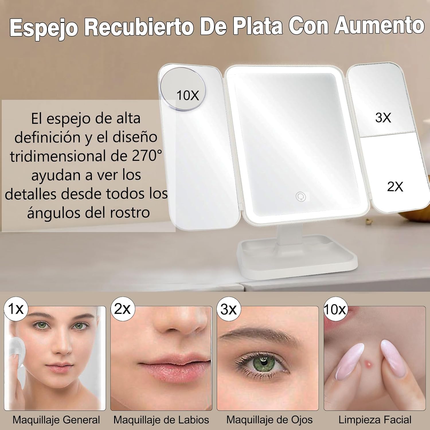 Espejo con Luz para Maquillaje Espejo con Aumento 2X 3X 10X Espejo de Tocador Espejo Vanity con Luz LED, Plegable, Control Táctil, 180° Rotación Ajustable