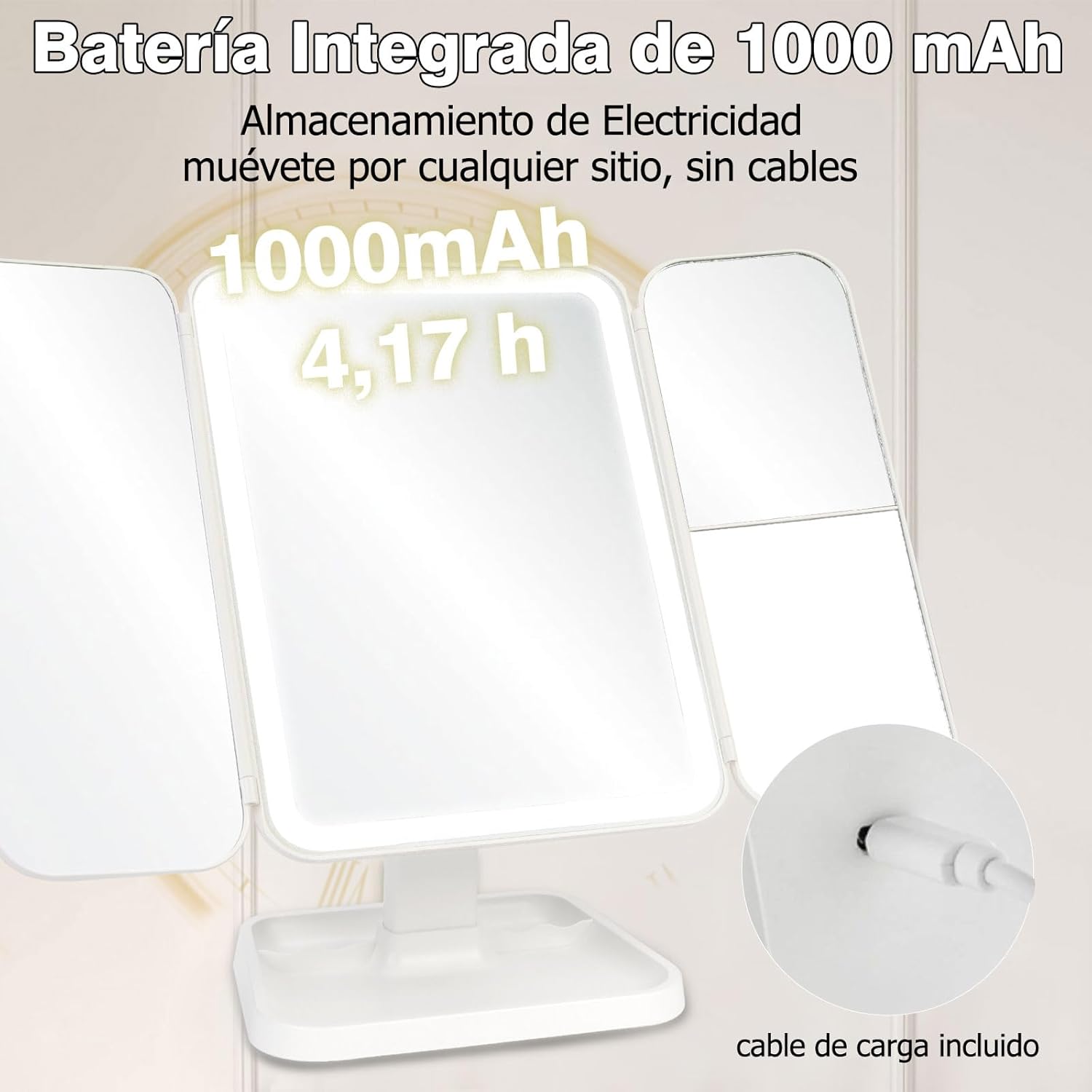 Espejo con Luz para Maquillaje Espejo con Aumento 2X 3X 10X Espejo de Tocador Espejo Vanity con Luz LED, Plegable, Control Táctil, 180° Rotación Ajustable
