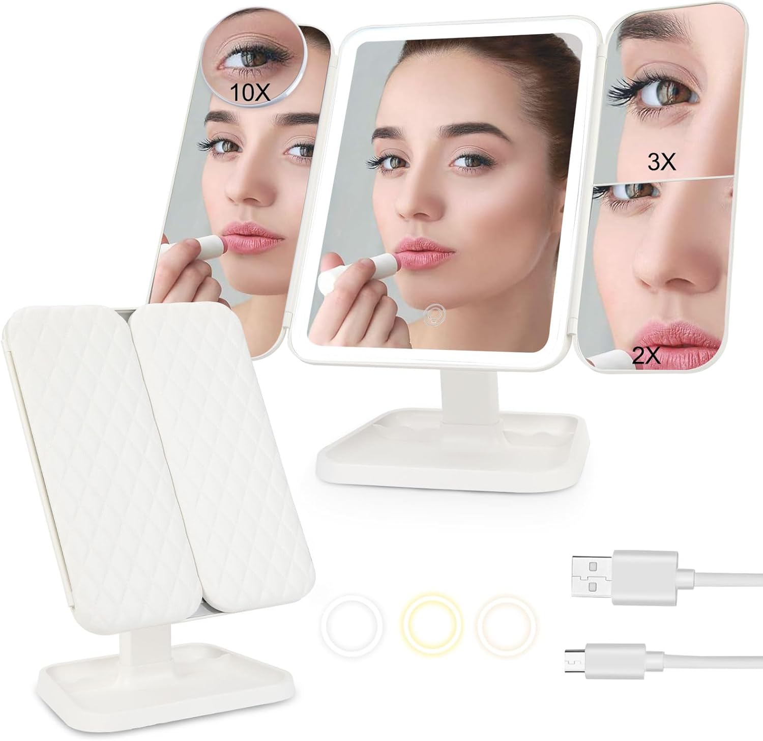 Espejo con Luz para Maquillaje Espejo con Aumento 2X 3X 10X Espejo de Tocador Espejo Vanity con Luz LED, Plegable, Control Táctil, 180° Rotación Ajustable