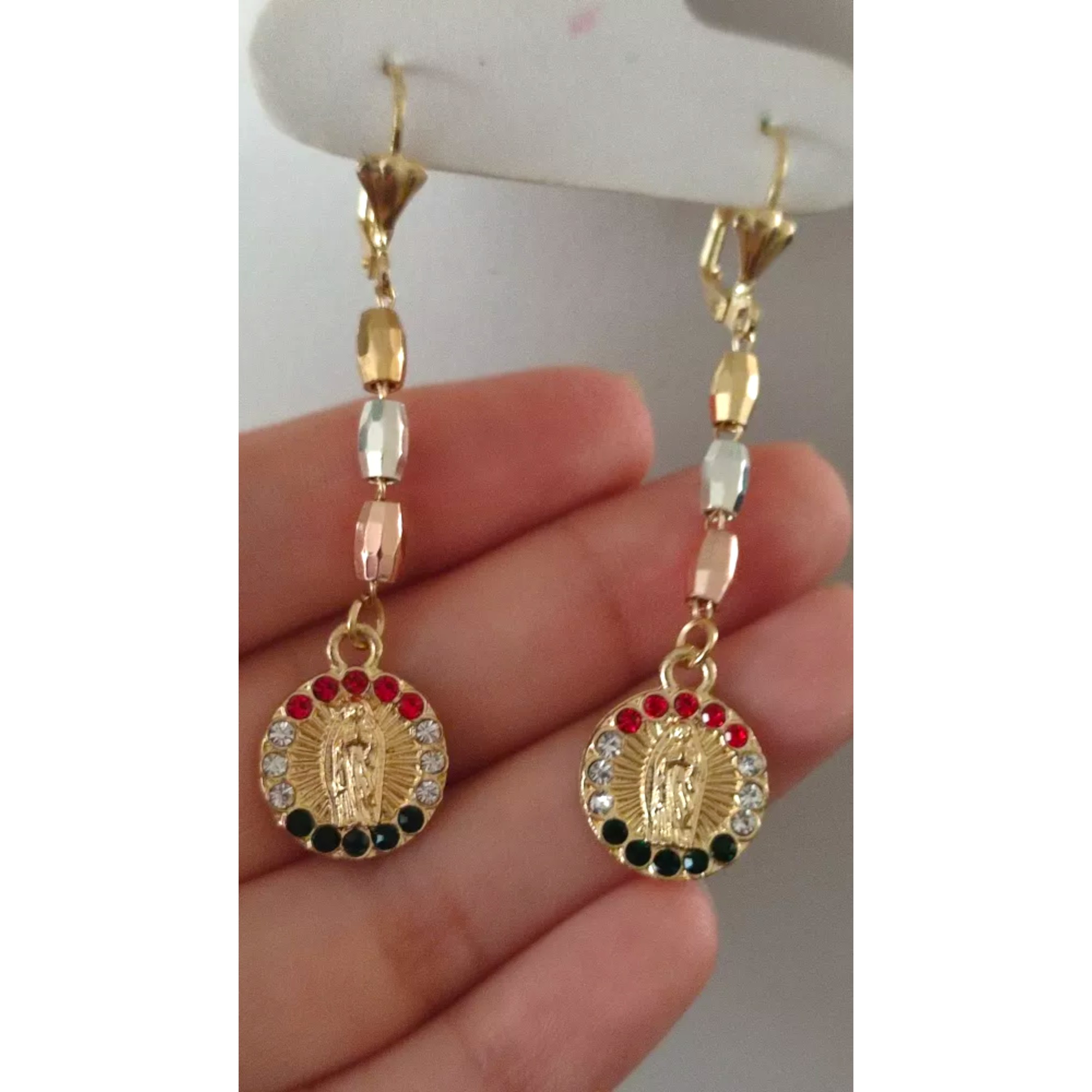 Aretes largos Virgen de Guadalupe, rosario aretes, oro laminado 18 kilates