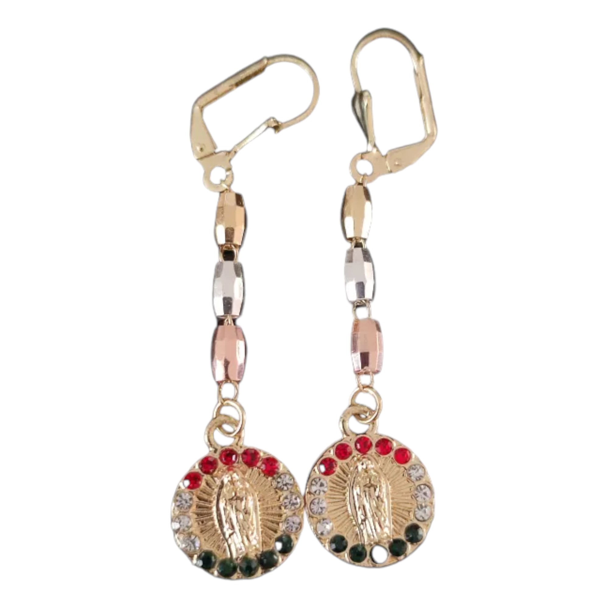 Aretes largos Virgen de Guadalupe, rosario aretes, oro laminado 18 kilates