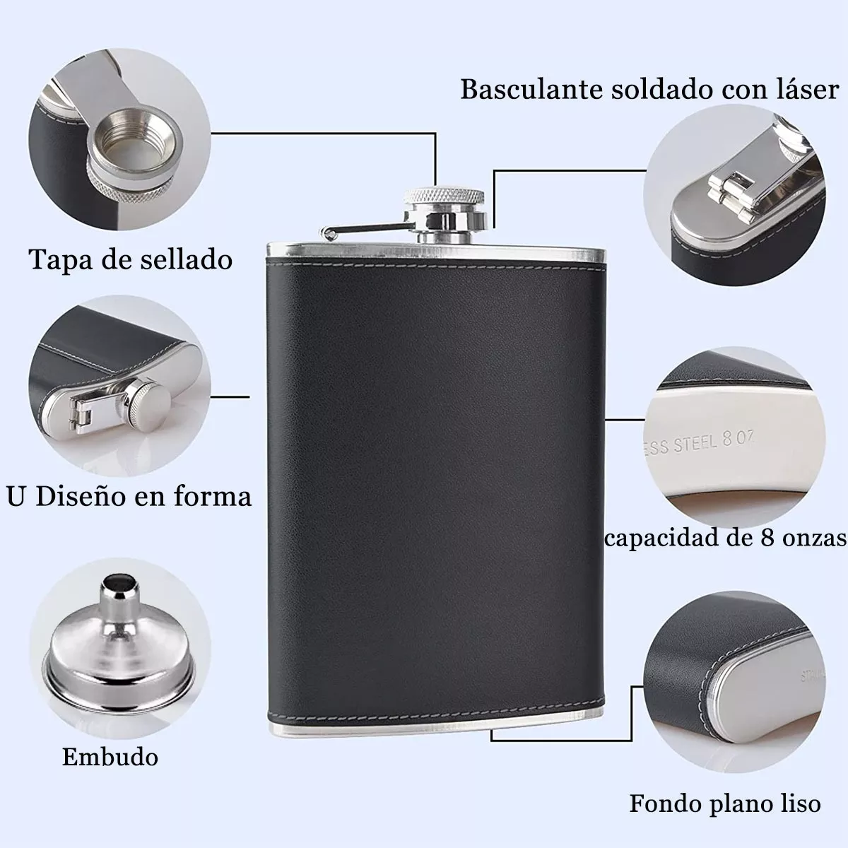 Licorera Y Ánfora De Bolsillo De 8oz Con Copas De Vino 236ml Color funda piel