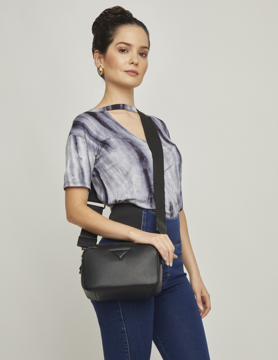 Bolsa Bandolera  Negra Crossbody Doble Cierre Para Mujer Devendi