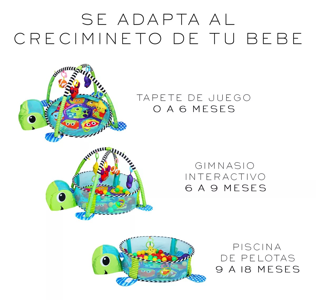Gimnasio para Bebé 3 en 1 - Tapete de Actividades con Alberca de Pelotas en Forma de Tortuga