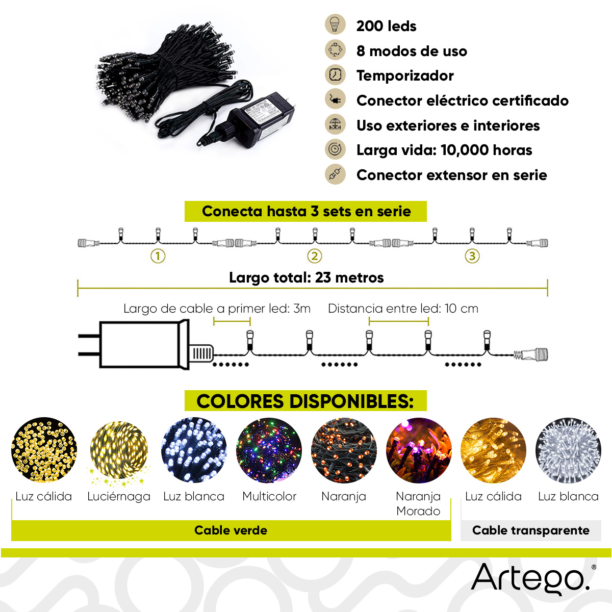Luces serie de navidad 200 led interior exterior Decoración árbol de navidad eventos bodas LED christmas string lights con temporizador Artego