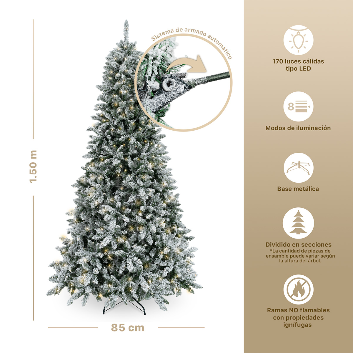 Árbol de Navidad Nevado con Luz LED 1.5m Pino Navideño 500 Ramas Preiluminado - Verde para ESQUIMAL.
