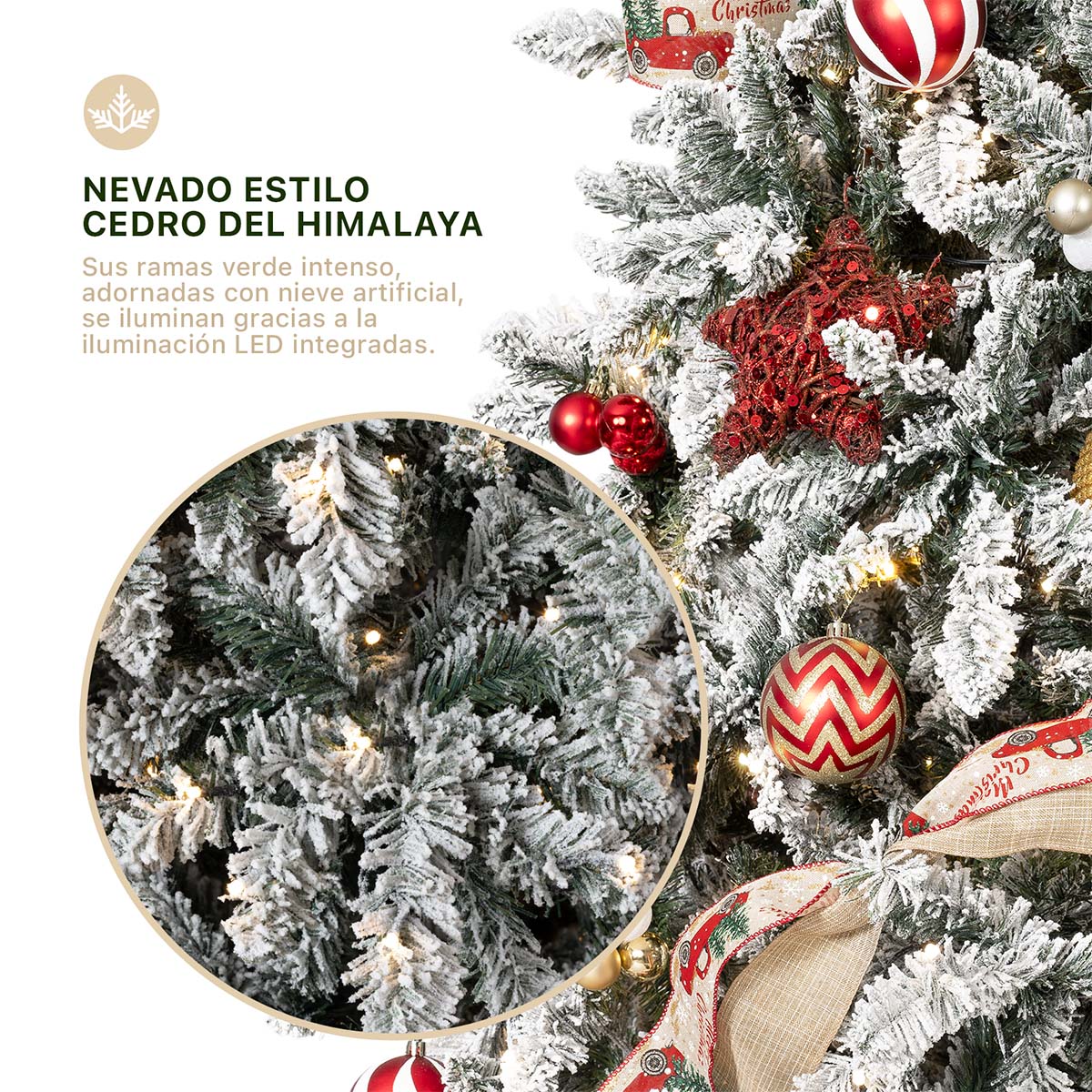 Árbol de Navidad Nevado con Luz LED 1.5m Pino Navideño 500 Ramas Preiluminado - Verde para ESQUIMAL.