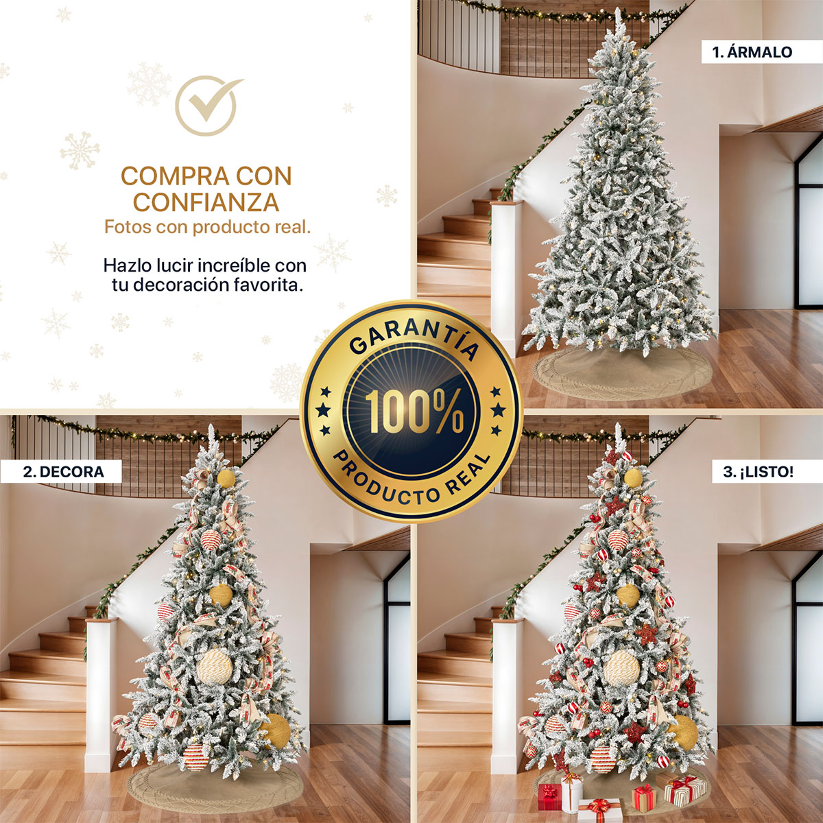 Árbol de Navidad Nevado con Luz LED 1.5m Pino Navideño 500 Ramas Preiluminado - Verde para ESQUIMAL.