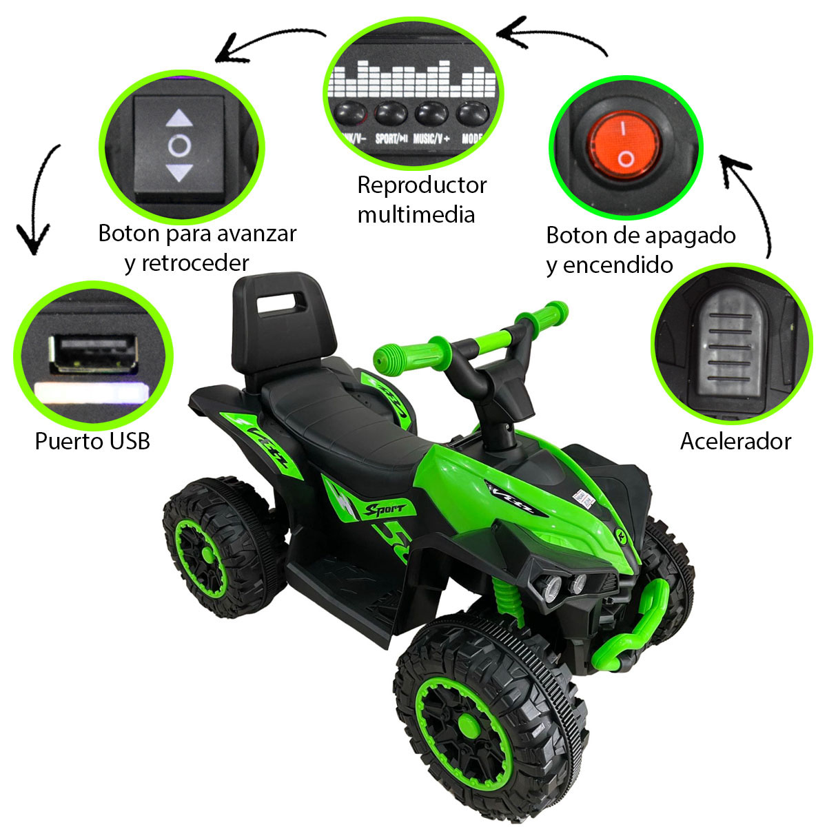 Cuatrimoto Montable Electrica para Niños 6V Le Monde 925A Verde