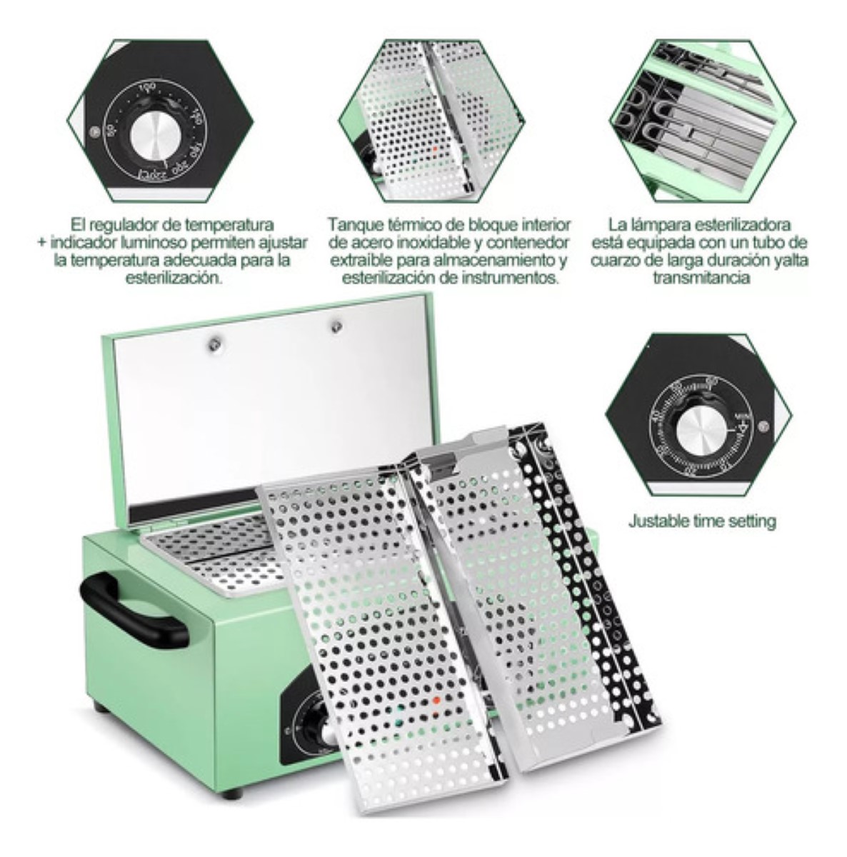 Esterilizador Secador Calor 500w Desinfección Acero Inox 2.2 verde