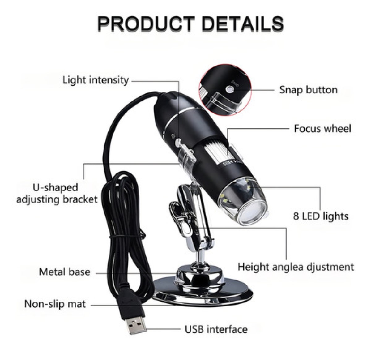 Microscopio Usb Digital 1600x Zoom Optico 8 Leds Android Win Color Negro