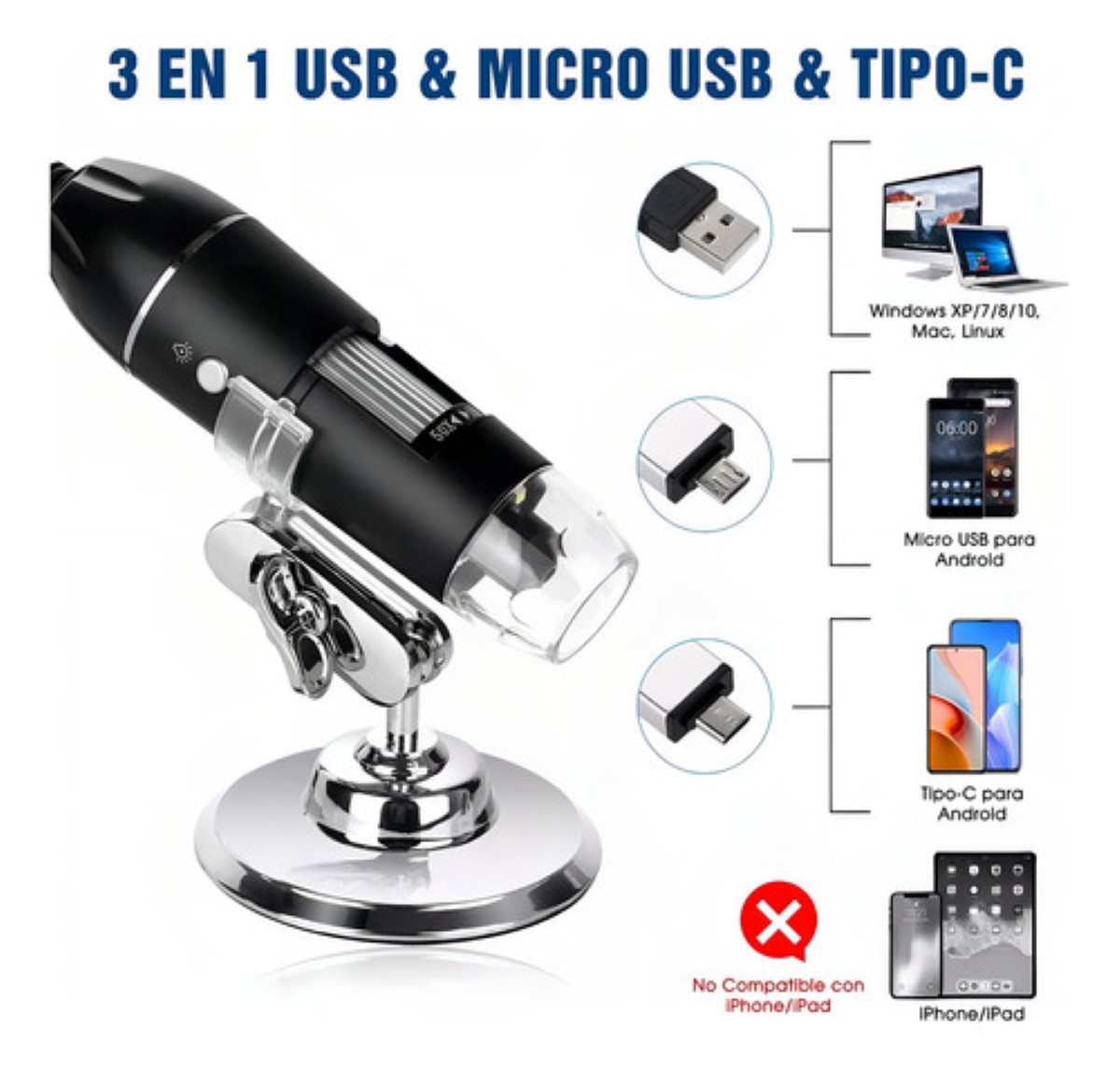 Microscopio Usb Digital 1600x Zoom Optico 8 Leds Android Win Color Negro