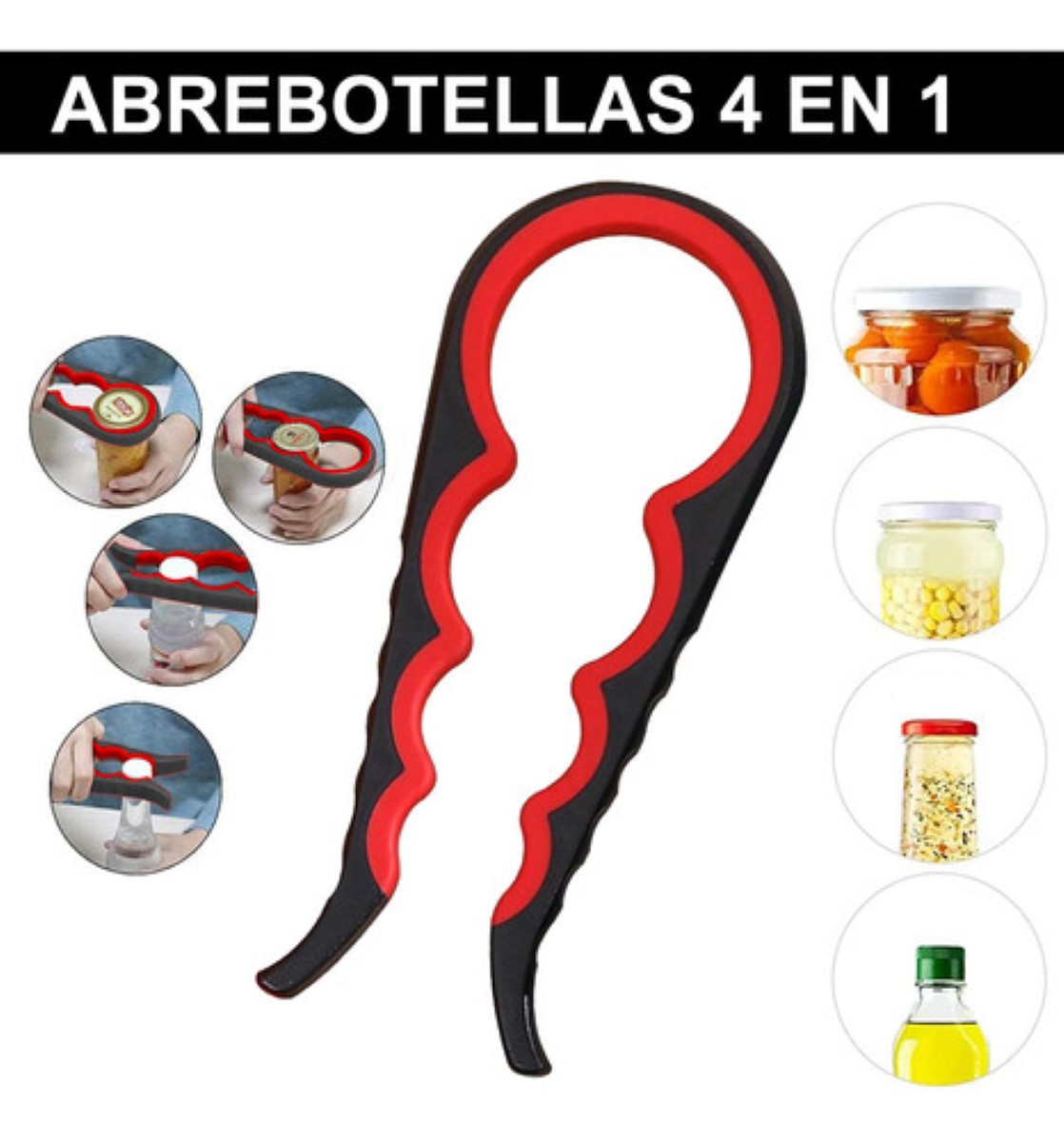 Destapador Abrefácil Botellas Frascos Latas Cocina 4piezas negro rojo