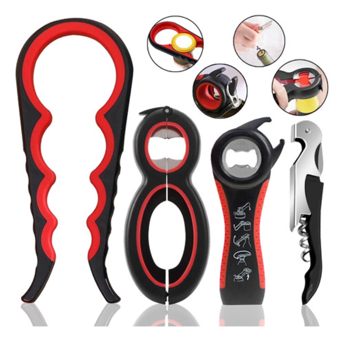 Destapador Abrefácil Botellas Frascos Latas Cocina 4piezas negro rojo