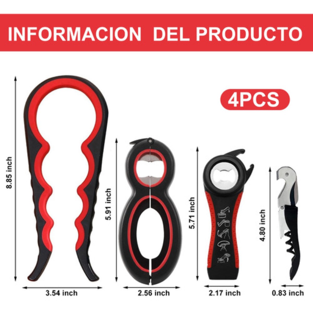 Destapador Abrefácil Botellas Frascos Latas Cocina 4piezas negro rojo