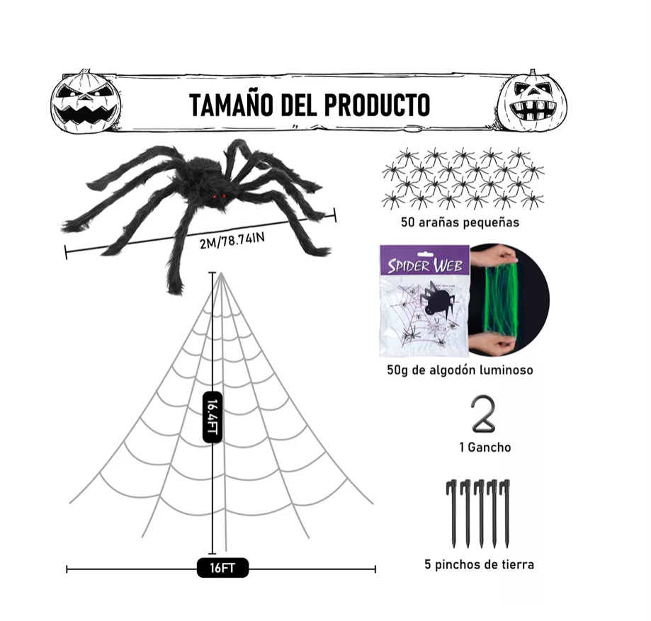 Halloween Decoración Telaraña Exterior Arañas Brillan Set 5m