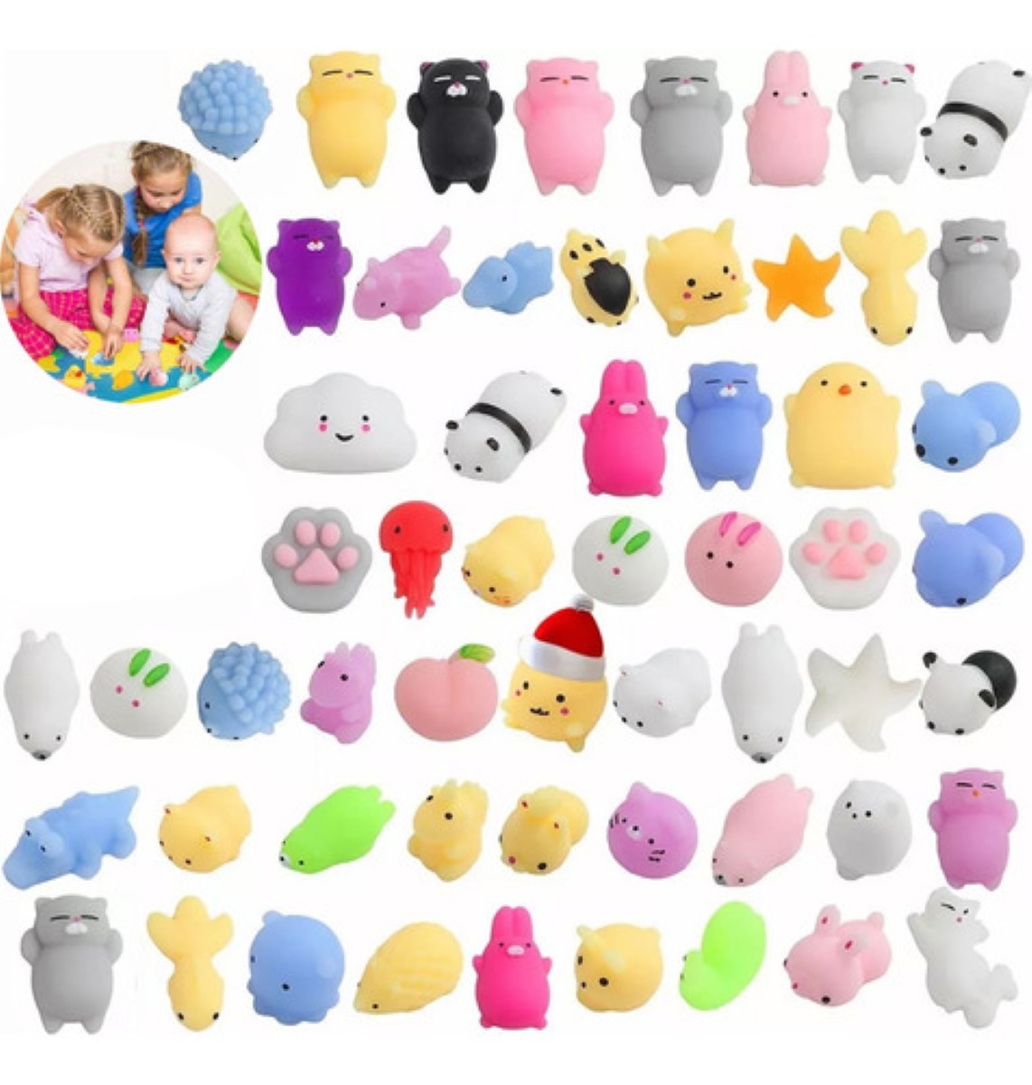 Juguete Escuichi Squishy Barato Kawaii Antiestres Mochi 64 pzs COLORES