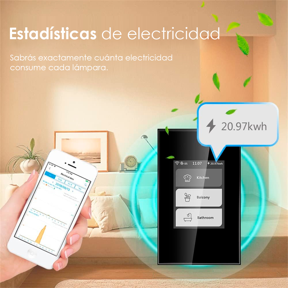 Interruptor inteligente a color LCD pantalla táctil, Wifi Interruptor de Luz, Smart Switch Iluminación LED hasta 3 conexiones