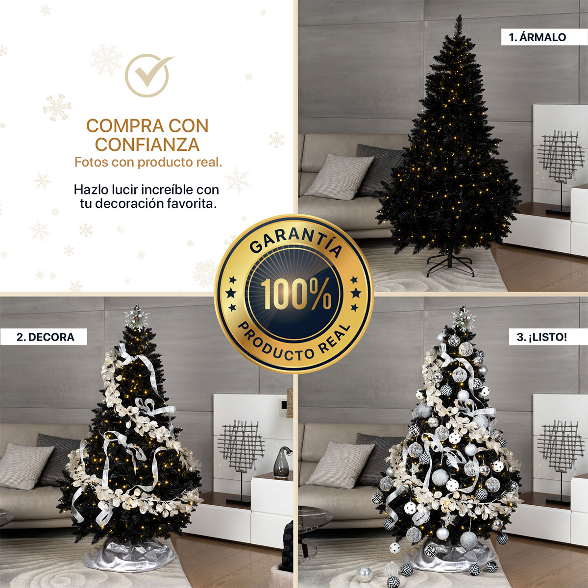 Árbol de Navidad Negro Pino Navideño 2.4m 1800 Ramas - Negro Para ESQUIMAL.