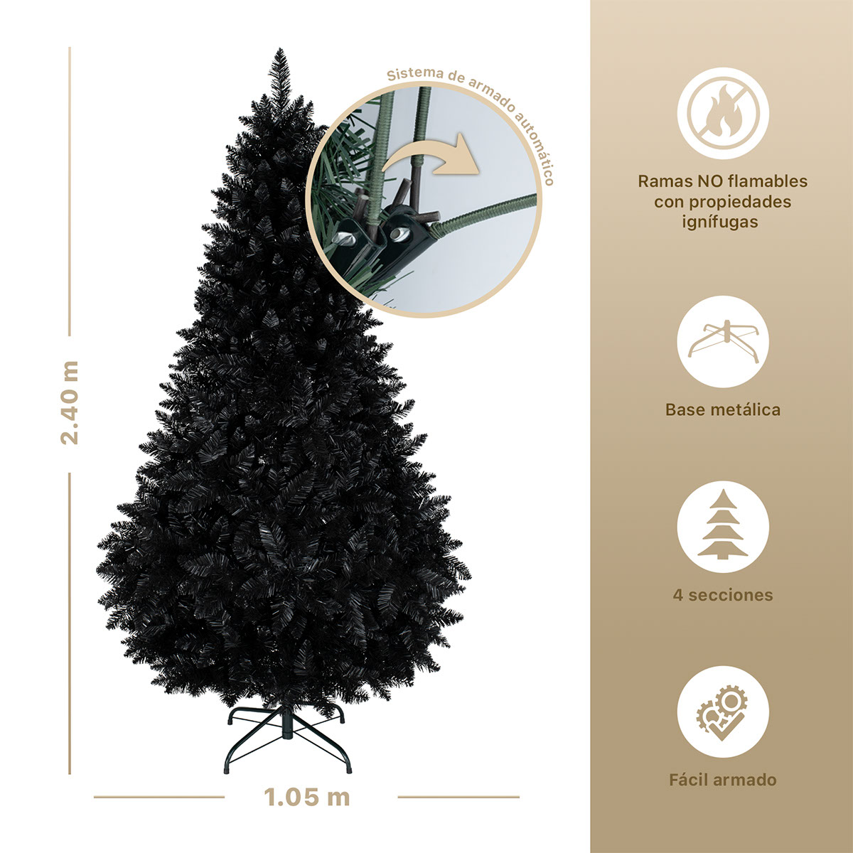 Árbol de Navidad Negro Pino Navideño 2.4m 1800 Ramas - Negro Para ESQUIMAL.