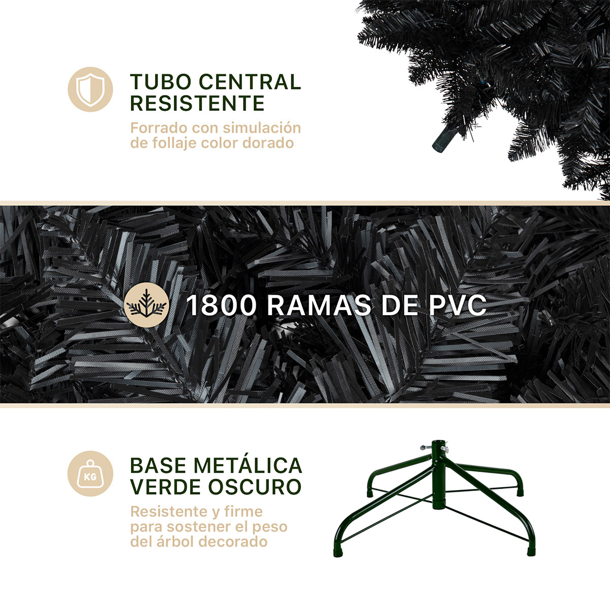 Árbol de Navidad Negro Pino Navideño 2.4m 1800 Ramas - Negro Para ESQUIMAL.