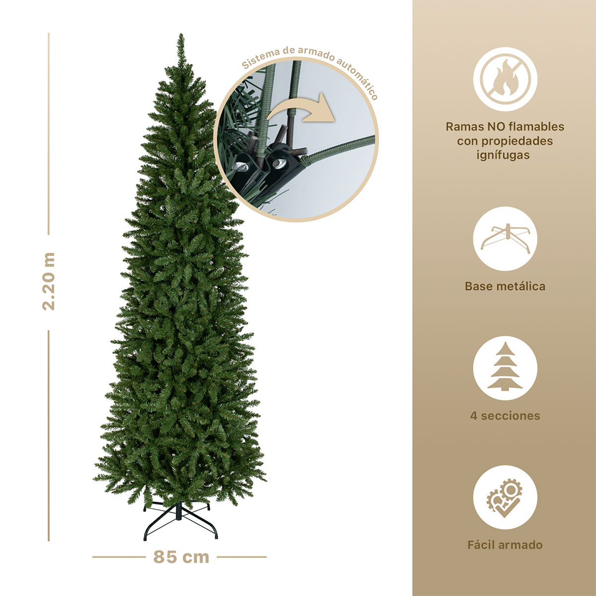 Árbol de Navidad Tipo Lápiz 2.2m Pino Navideño - Verde Oliva para ESQUIMAL