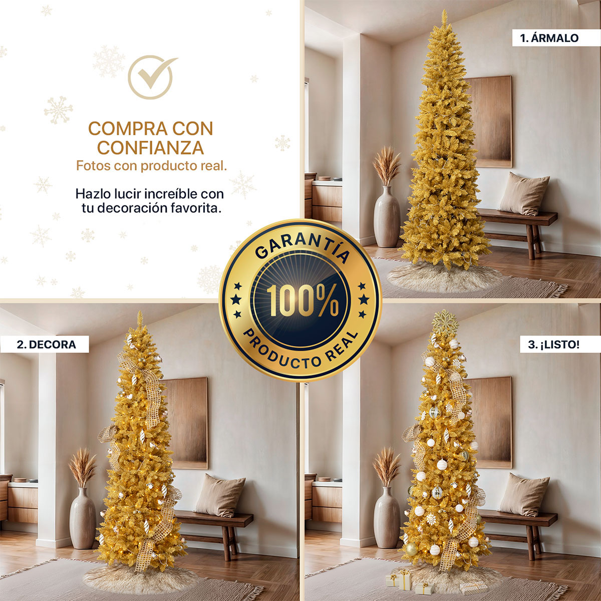 Árbol de Navidad Tipo Lápiz 1.8m Pino Navideño - Dorado para ESQUIMAL