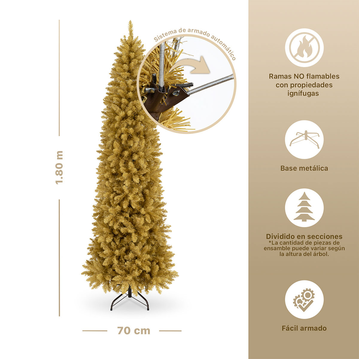 Árbol de Navidad Tipo Lápiz 1.8m Pino Navideño - Dorado para ESQUIMAL
