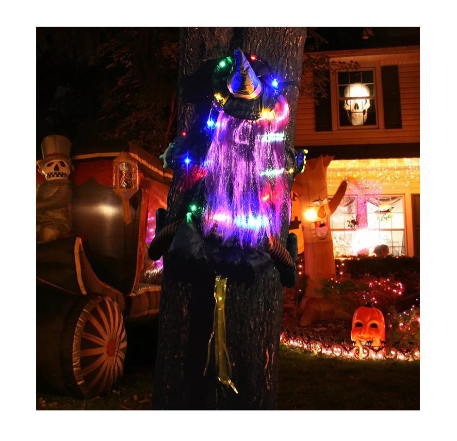Bruja En Árbol Con Luces Para Halloween, Decoración De Bruja