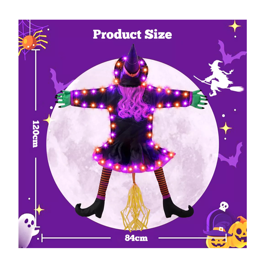Bruja En Árbol Con Luces Para Halloween, Decoración De Bruja
