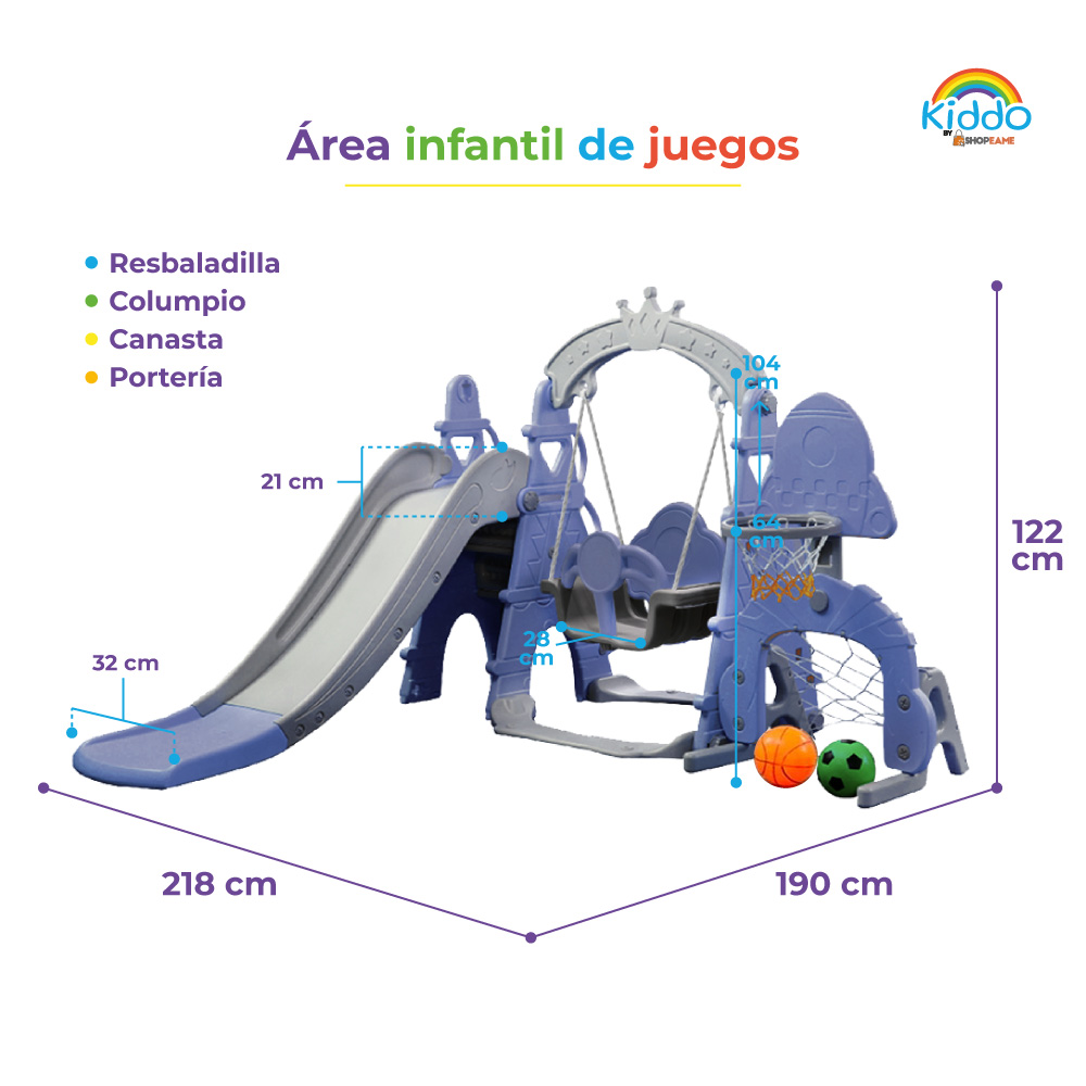 Centro de diversión infantil 3 en 1 : Columpio, canasta y resbaladilla 