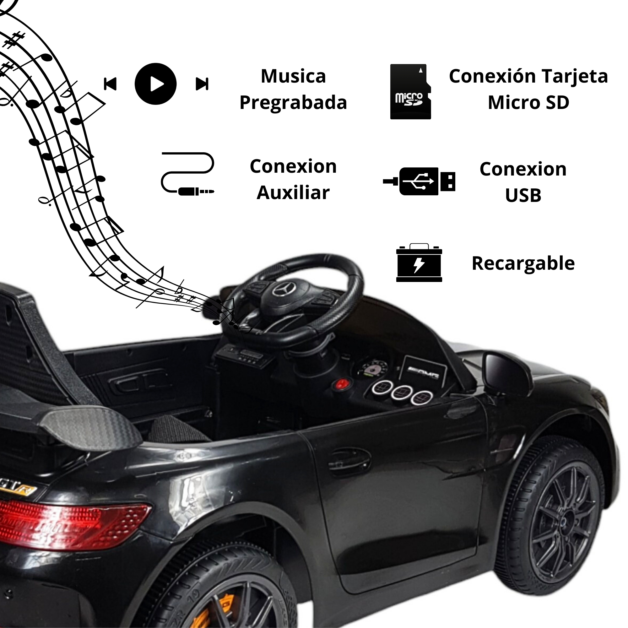 Montable Electrico para Niños Carro AMG con Control Remoto Luz Led 12v - Negro