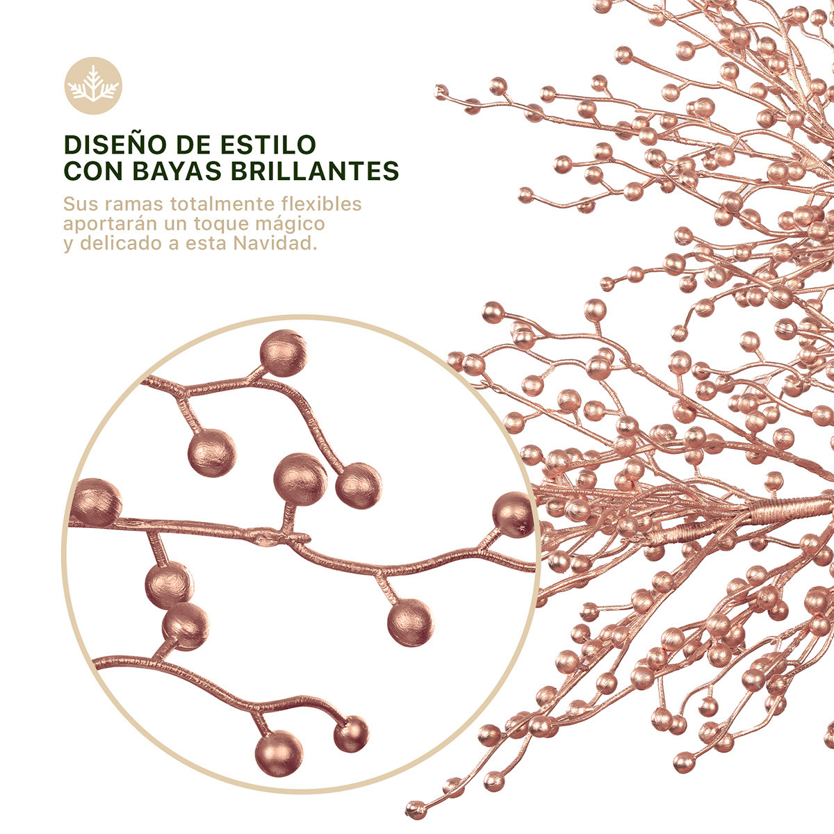 Árbol de Navidad con Ramas de Bayas Metálicas 1.8 Oro rosa para ESQUIMAL
