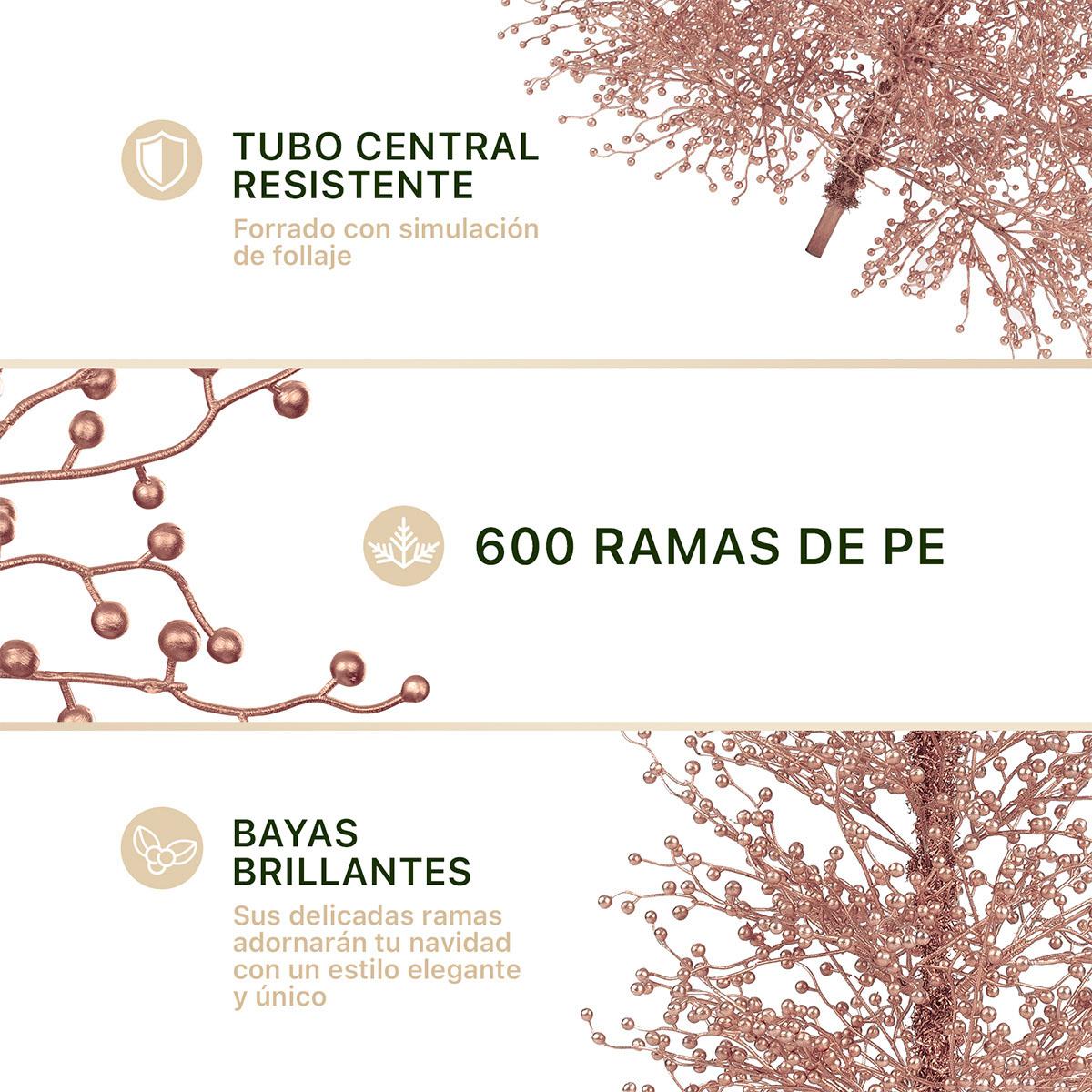 Árbol de Navidad con Ramas de Bayas Metálicas 1.8 Oro rosa para ESQUIMAL