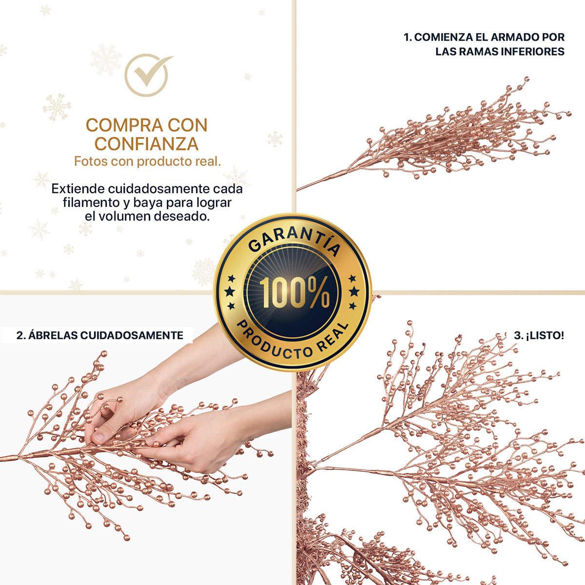Árbol de Navidad con Ramas de Bayas Metálicas 1.8 Oro rosa para ESQUIMAL