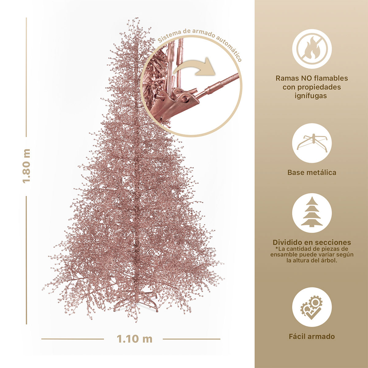 Árbol de Navidad con Ramas de Bayas Metálicas 1.8 Oro rosa para ESQUIMAL