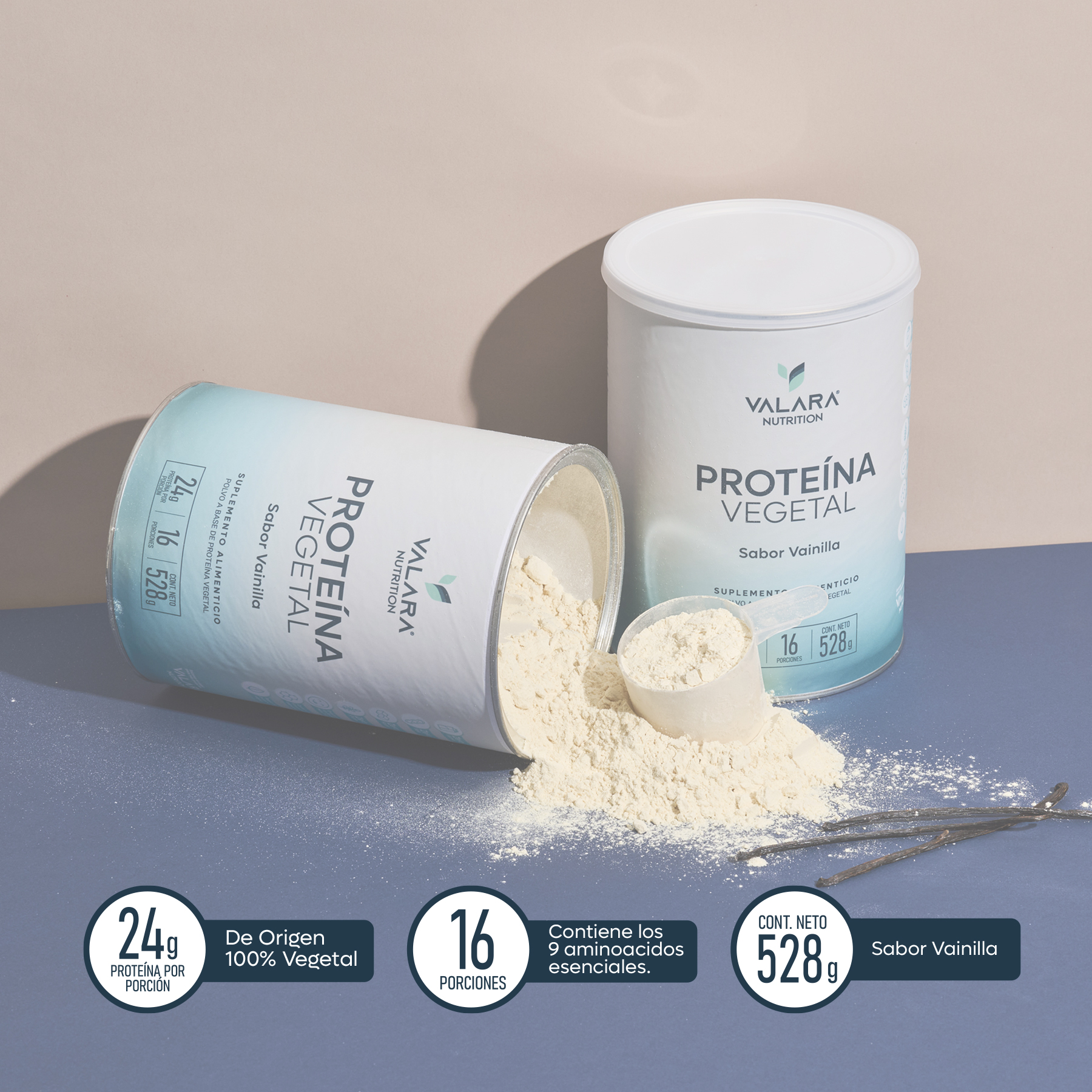 Proteína Vegana Valara Sabor Vainilla 528gr, Sin Azúcar, Baja en Carbohidratos