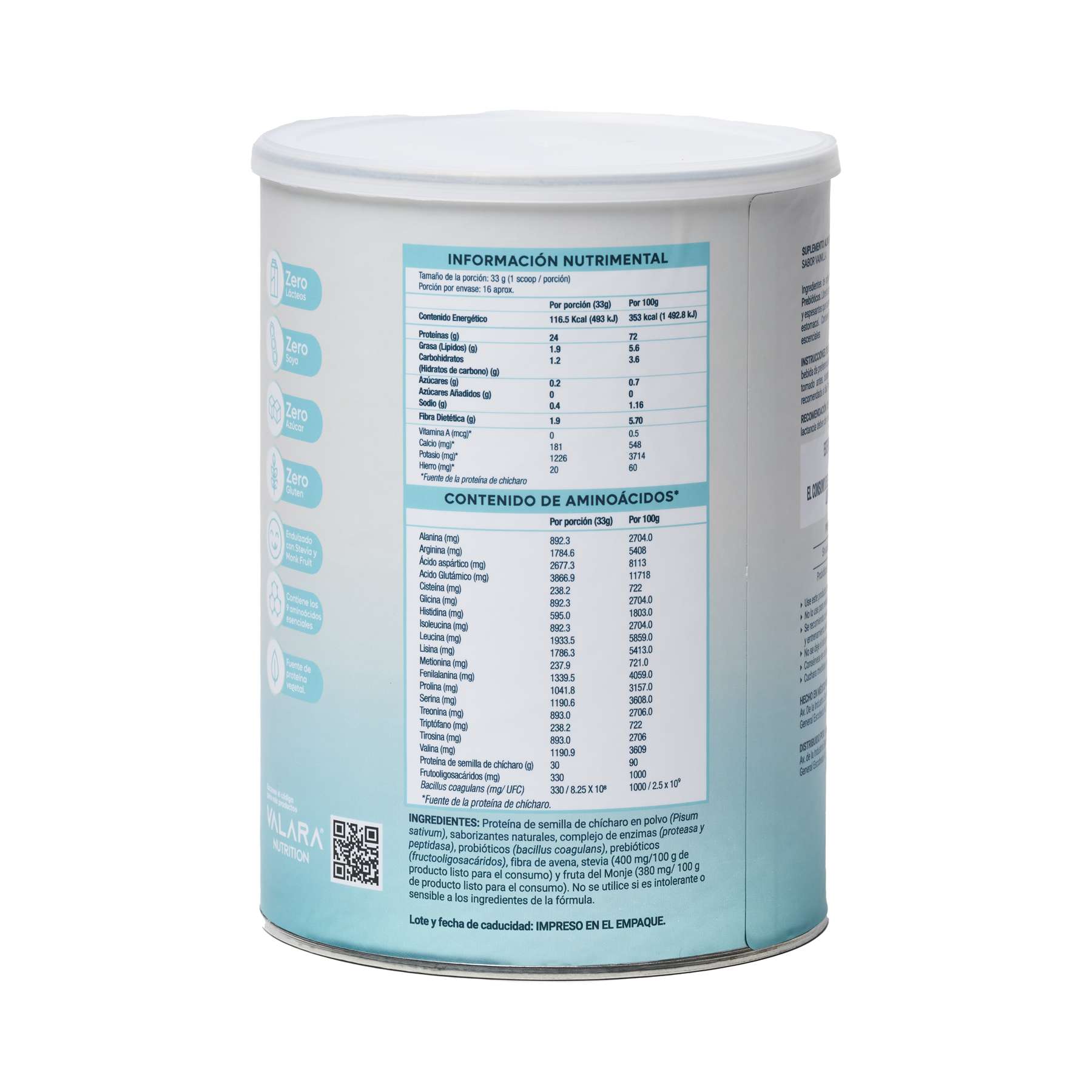 Proteína Vegana Valara Sabor Vainilla 528gr, Sin Azúcar, Baja en Carbohidratos