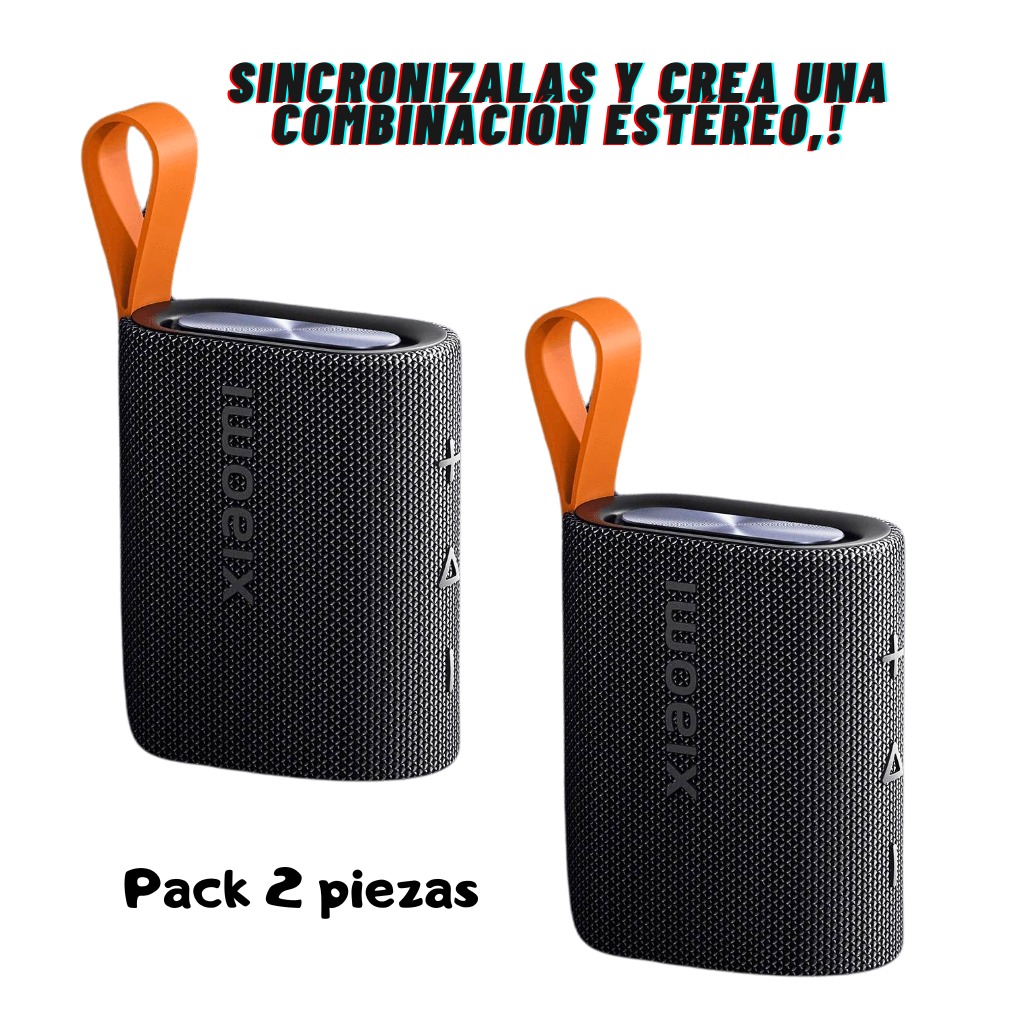 Combo de 2 bocinas portátiles Xiaomi Sound Pocket. Sincronízalas y arma tu equipo con sonido estéreo.