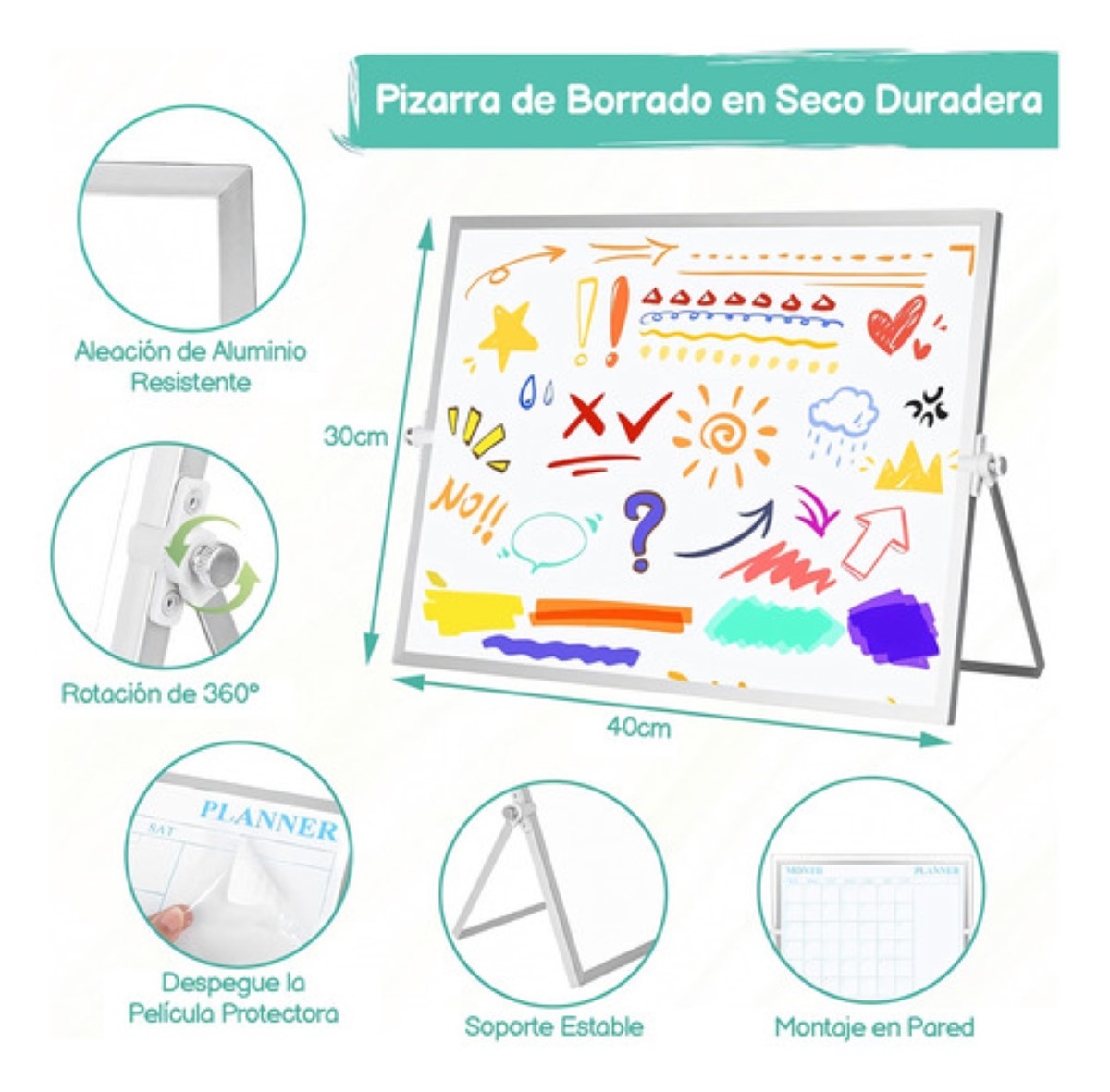 Pizarron 40 x 30 2 caras Con Soporte Plumon Y Calendario Blanco