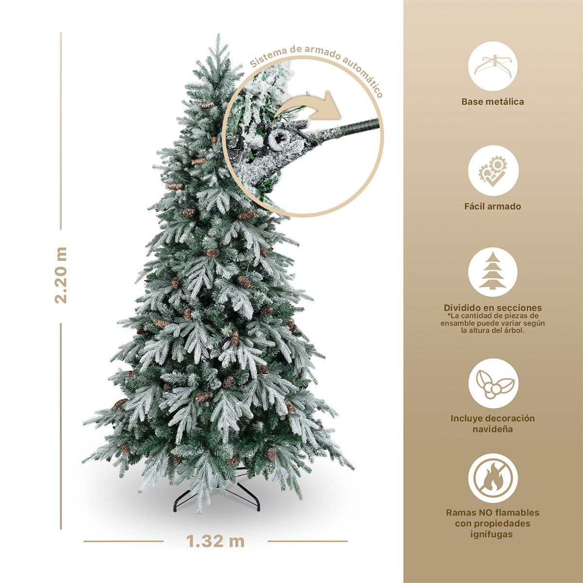 Árbol de Navidad Nevado con Piñas 2.2m. Pino Navideño con Nieve Artificial Verde para Esquimal