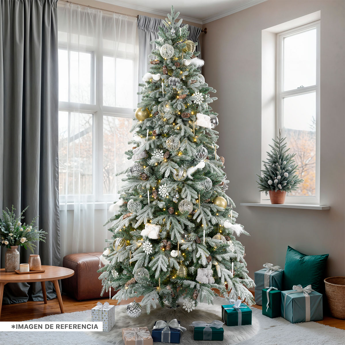 Árbol de Navidad Nevado con Piñas 2.2m. Pino Navideño con Nieve Artificial Verde para Esquimal