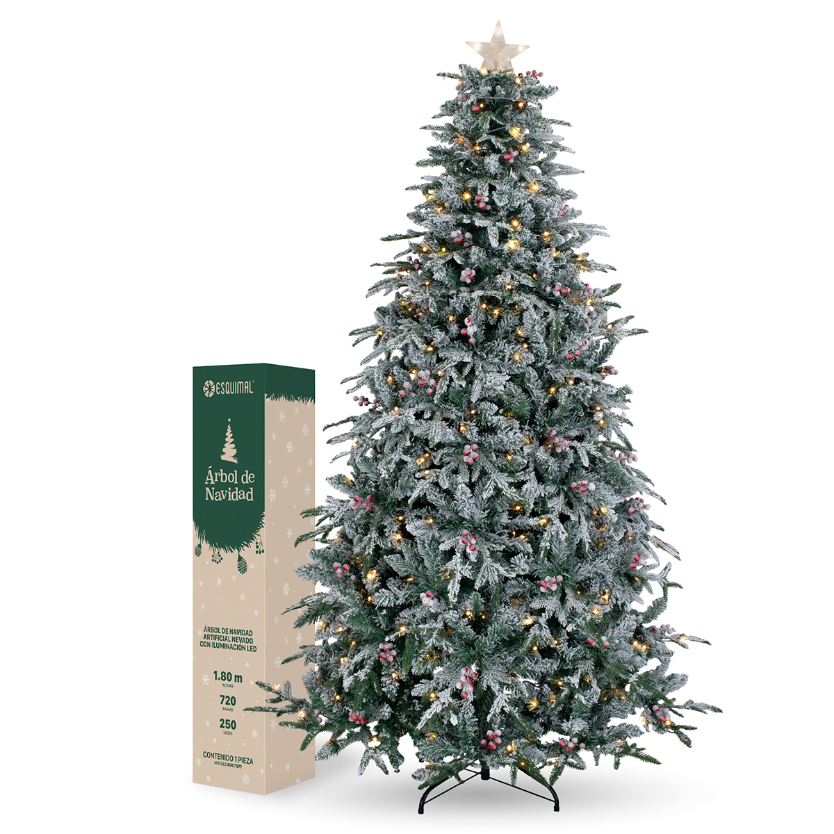 Árbol de Navidad Nevado con Luz Led Bayas y Estrella 1.8m Pino Navideño con Nieve Artificial Verde para ESQUIMAL