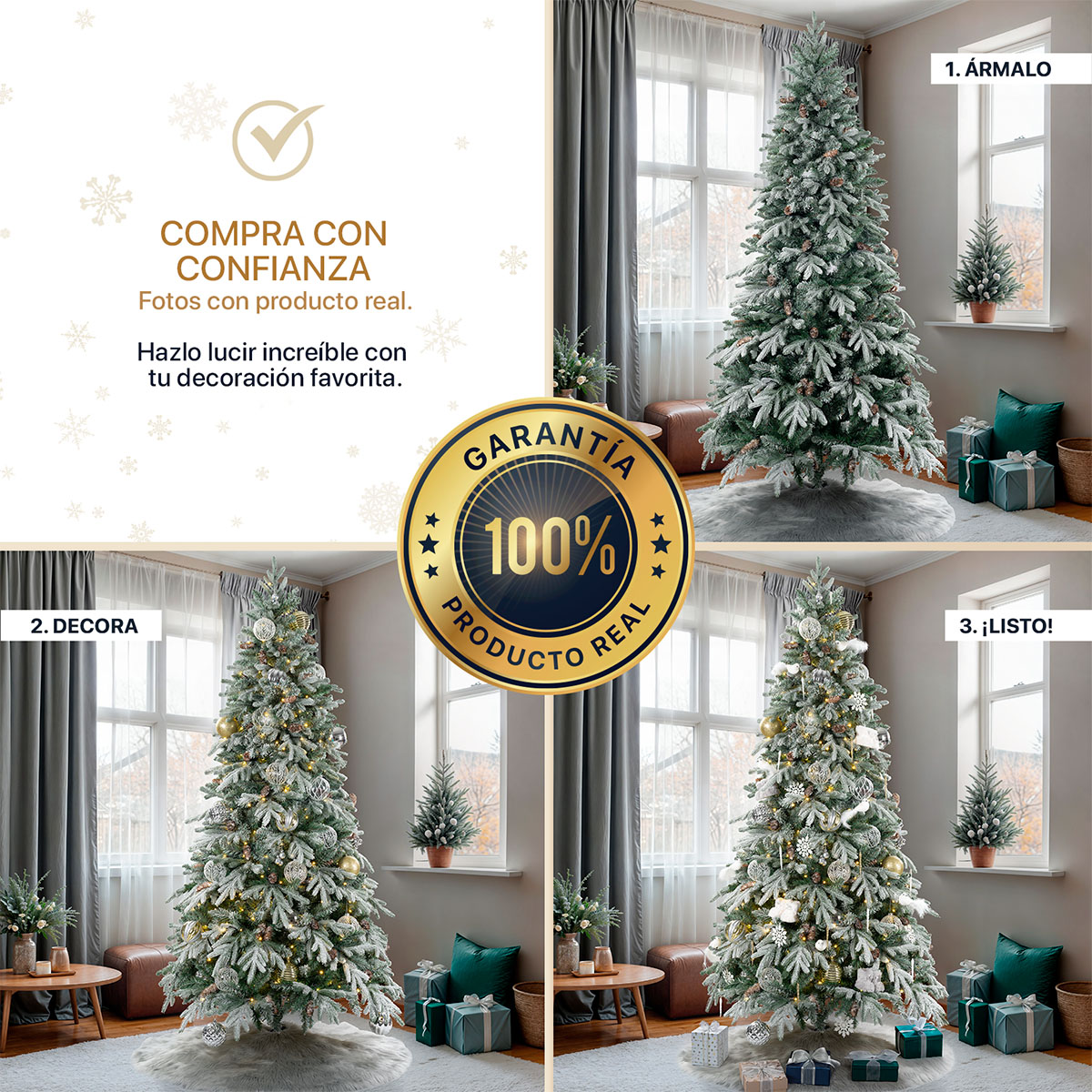 Árbol de Navidad Nevado con Piñas 2.2m. Pino Navideño con Nieve Artificial Verde para Esquimal