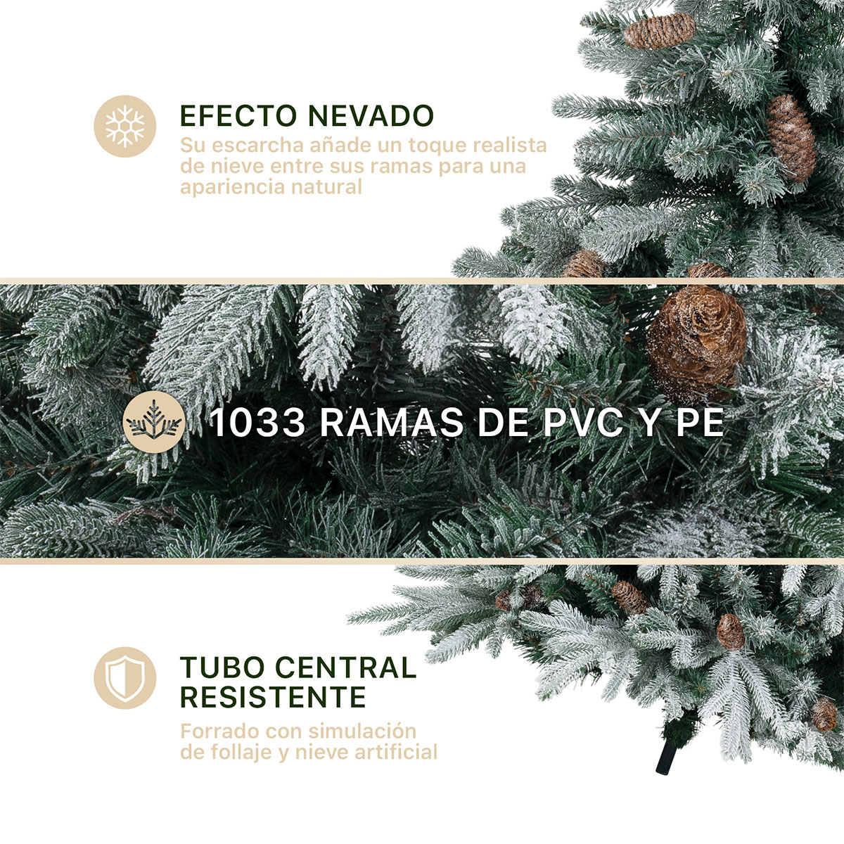 Árbol de Navidad Nevado con Piñas 2.2m. Pino Navideño con Nieve Artificial Verde para Esquimal