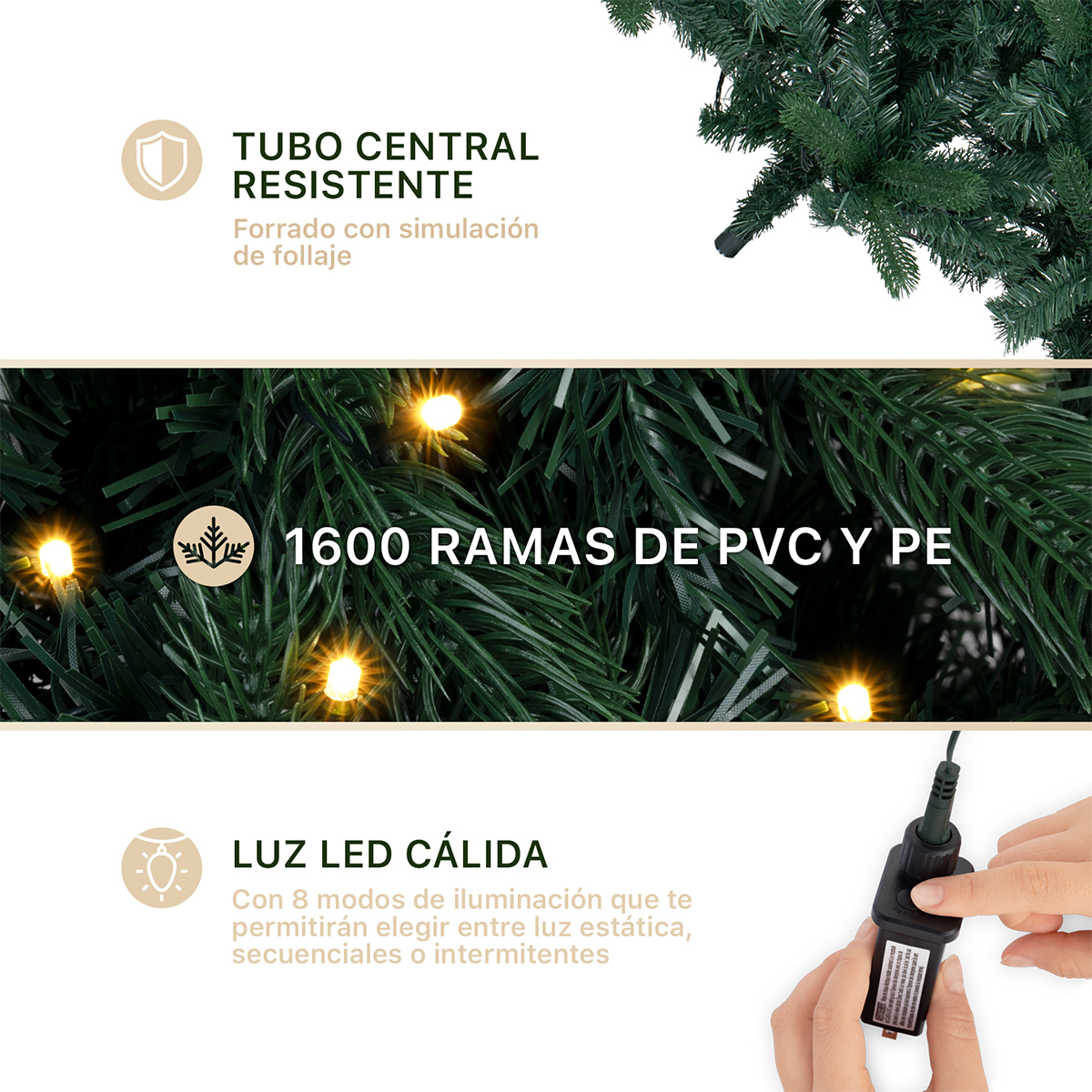 Árbol de Navidad con Luz Led Pino Navideño 2.5m 1600 Ramas Preiluminado - Verde Oscuro para ESQUIMAL