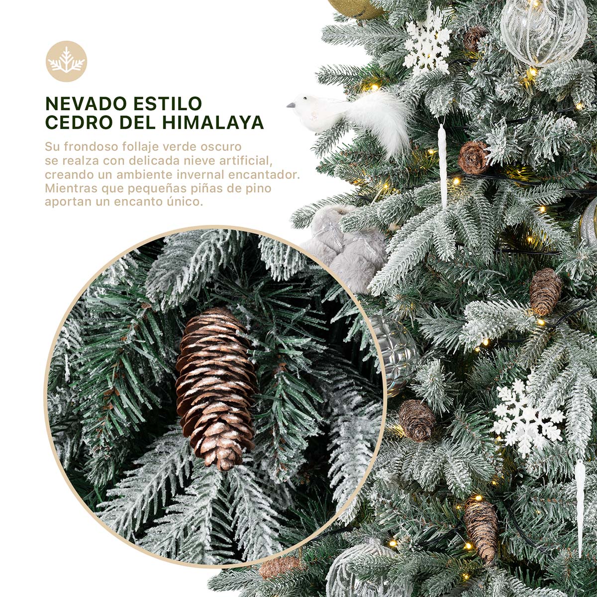 Árbol de Navidad Nevado con Piñas 2.2m. Pino Navideño con Nieve Artificial Verde para Esquimal