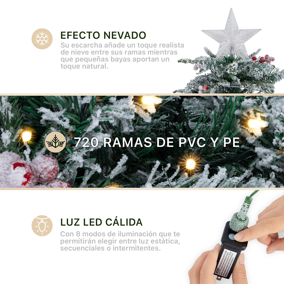 Árbol de Navidad Nevado con Luz Led Bayas y Estrella 1.8m Pino Navideño con Nieve Artificial Verde para ESQUIMAL
